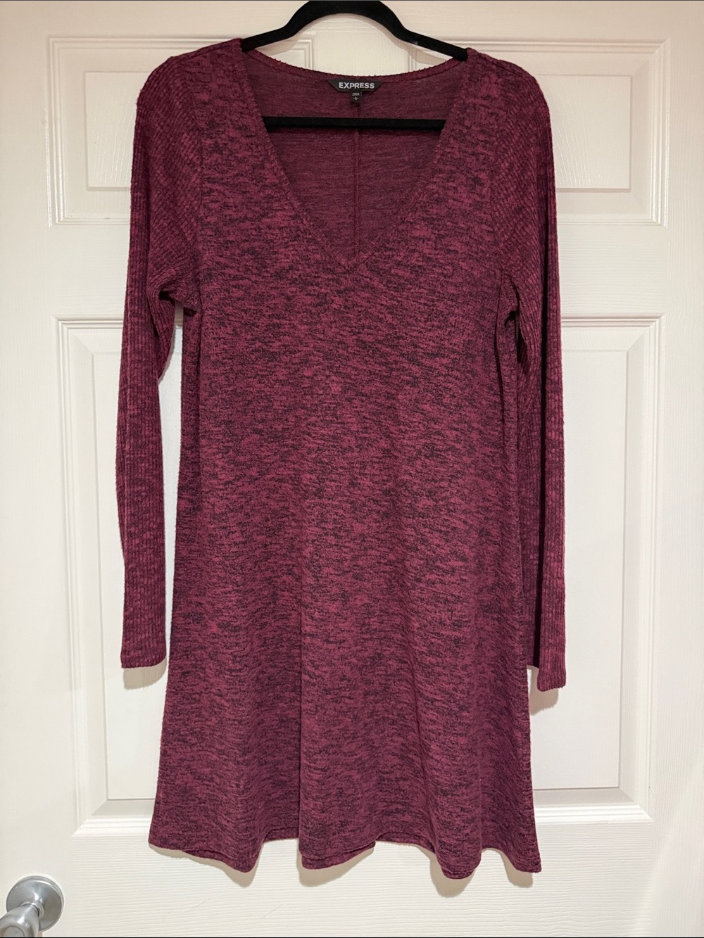 Express Long Sleeve V‑Neck Knit Sweater Dress Maroon Plum Heathered Sz Large